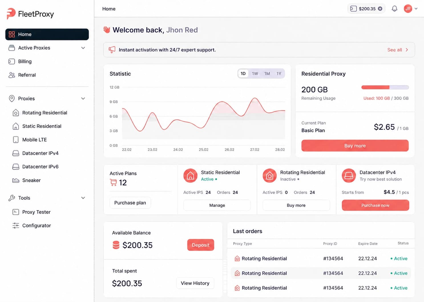 FleetProxy dashboard showing live proxy usage and account controls